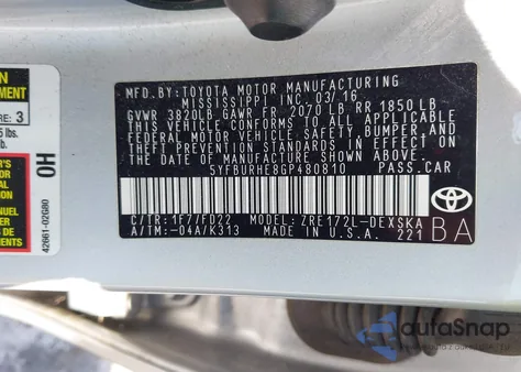 2016 Toyota Corolla S Plus z USA, uszkodzony, nr VIN 5YFBURHE8GP480810